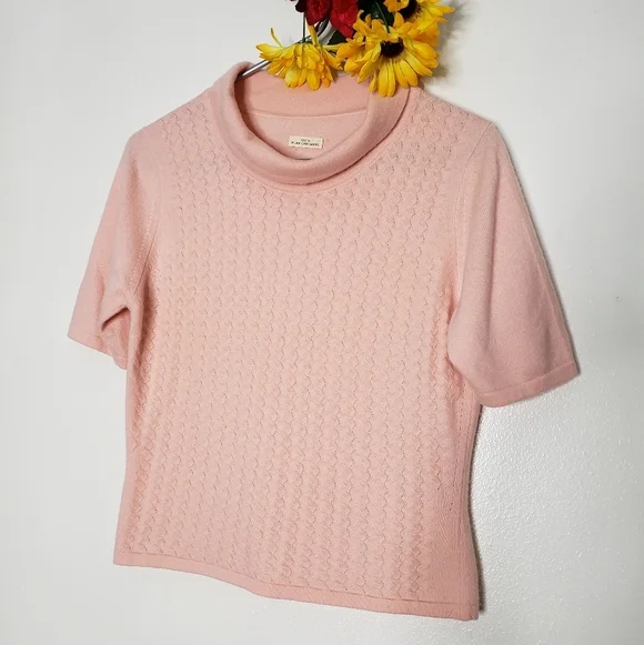 100%Pure Cashmere Light Pink Crop Top Sweater Turtleneck Textured Spring Luxury